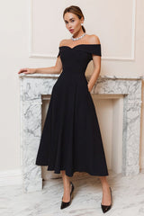 A-Line Off the Shoulder Black Tie Dress