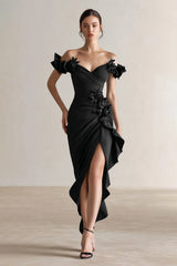 Sparkly Black Sheath Ruffled Formal Dress with 3D Flowers