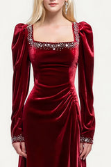 Sparkly Burgundy Velvet A-Line Long Holiday Party Dress with Beading