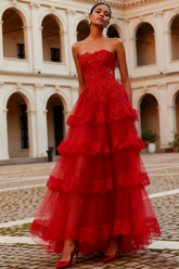 Red Tiered A-Line Long Lace Prom Dress with Ruffles