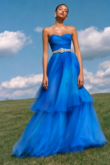 Sparkly Royal Blue Tiered A-Line Sweetheart Long Prom Dress with Beading