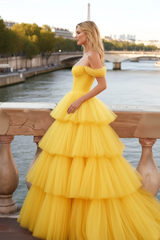Yellow Tiered A-Line Ruffled Tulle Long Corset Prom Dress