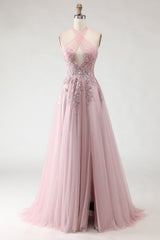 Sparkly Blush Pink A-Line Tulle Long Prom Dress with Appliques