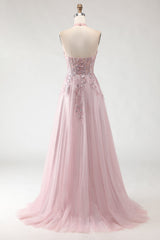 Sparkly Blush Pink A-Line Tulle Long Prom Dress with Appliques