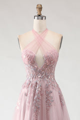 Sparkly Blush Pink A-Line Tulle Long Prom Dress with Appliques