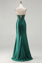 Sparkly Dark Green Beaded Mermaid Long Corset Prom Dress with Slit