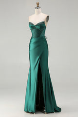 Sparkly Dark Green Beaded Mermaid Long Corset Prom Dress with Slit