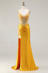 Sparkly Yellow Mermaid Satin Ruched Long Corset Prom Dress with Slit