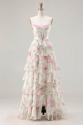 Floral Pink Tiered A Line Ruffled Long Corset Prom Dress with Slit