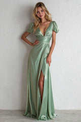 Light Green Satin Short Sleeves V Neck A Line Long Bridesmaid Dress with Slit