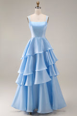 Light Blue A Line Ruffled Square Neck Long Wedding Guest Dress