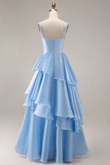 Light Blue A Line Ruffled Square Neck Long Wedding Guest Dress