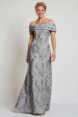Grey Blue Floral Jacquard Off The Shoulder Long Mother of the Bride Dress