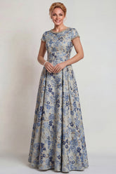 Floral Grey Blue A Line Jacquard Long Mother of the Bride Dress with Sleeves