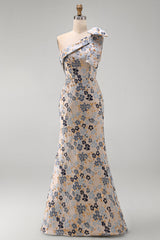 Grey Blue Floral Jacquard One Shoulder Long Mother of the Bride Dress with Bow