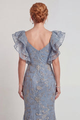 Sparkly Grey Blue Mermaid Ruffled Sleeves Long Mother of the Bride Dress with Slit