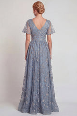 Sparkly Grey Blue V-Neck A Line Long Mother of the Bride Dress with Sleeves