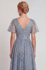 Sparkly Grey Blue V-Neck A Line Long Mother of the Bride Dress with Sleeves