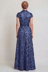 Sparkly Dark Blue Floral Sequin Shawl Lapel Long Mother of the Bride Dress with Pockets