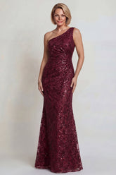 Sparkly Burgundy Sequins Mermaid One Shoulder Long Mother of the Bride Dress