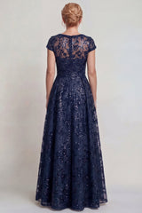 Sparkly Navy Sequins Boat Neck A Line Long Mother of the Bride Dress with Sleeves