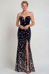Sparkly Black Silver Sequins Strapless Long Mother of the Bride Dress with Slit