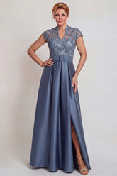 Grey Blue Lace Satin A Line Cap Sleeves Long Mother of the Bride Dress with Belt