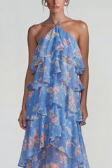 Blue Pink Tiered A Line Flower Halter Long Wedding Guest Dress with Ruffles