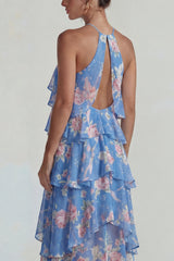 Blue Pink Tiered A Line Flower Halter Long Wedding Guest Dress with Ruffles