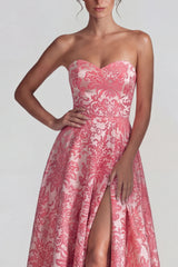 Blush Sweetheart Jacquard Floral A Line Long Wedding Guest Dress with Slit