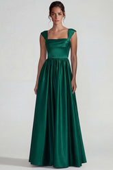 Dark Green A Line Satin Square Neck Long Wedding Guest Dress