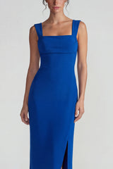 Royal Blue Square Neck Sheath Long Wedding Guest Dress with Slit