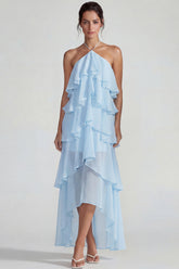Blue A Line Tiered Halter Long Wedding Guest Dress with Ruffles