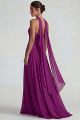 Dark Purple Chiffon Neck Scarf A Line Long Wedding Guest Dress with Keyhole