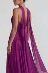Dark Purple Chiffon Neck Scarf A Line Long Wedding Guest Dress with Keyhole