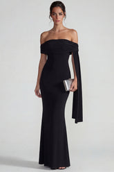 Black Mermaid Long Off the Shoulder Wedding Guest Dress with Streamer