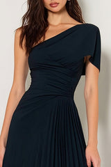 Navy One Shoulder Pleated A Line Long Bridesmaid Dress
