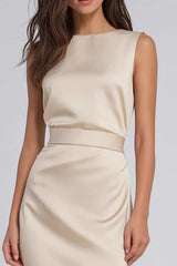 Champagne Sheath Bateau Neck Long Bridesmaid Dress with Slit