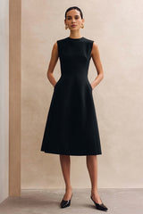 Black Crew Neck Midi A Line Work Dress
