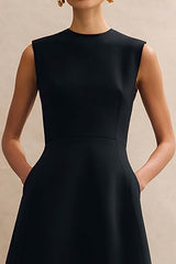 Black Crew Neck Midi A Line Work Dress