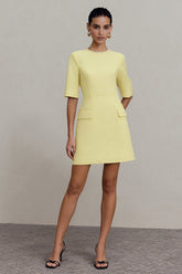 Light Yellow Crew Neck Short Work Dress with Sleeves