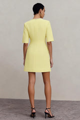 Light Yellow Crew Neck Short Work Dress with Sleeves