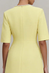 Light Yellow Crew Neck Short Work Dress with Sleeves