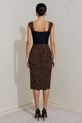 Black and Brown Cheetah Print Square Neck Midi Work Dress