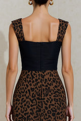 Black and Brown Cheetah Print Square Neck Midi Work Dress