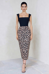 Black and Brown Leopard Print Pencil Midi Work Dress