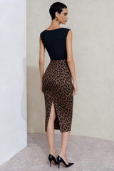 Black and Brown Pencil Leopard Print Midi Work Dress with Slit