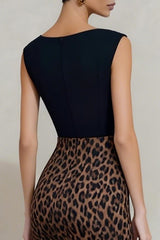 Black and Brown Pencil Leopard Print Midi Work Dress with Slit