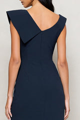Navy Asymmetrical Neck Pencil Ruched Midi Work Dress with Slit