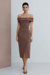 Brown Off the Shoulder Pencil Midi Work Dress with Slit